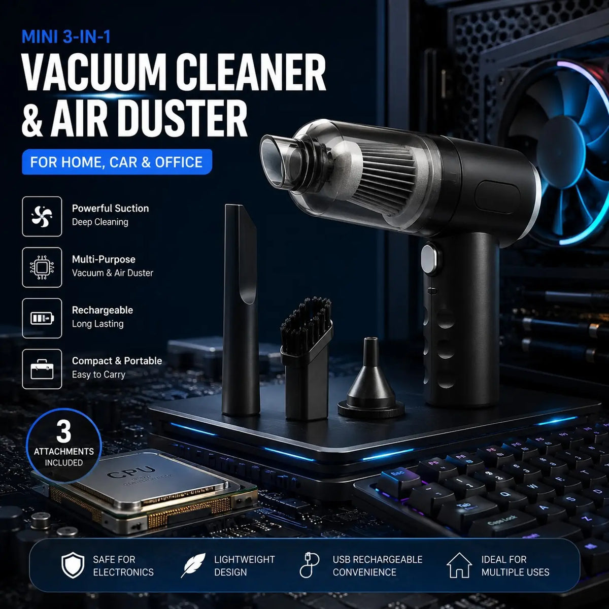 Multifunctional Air Duster Cleaner – 3-in-1 Cordless Cleaning Blower & Vacuum